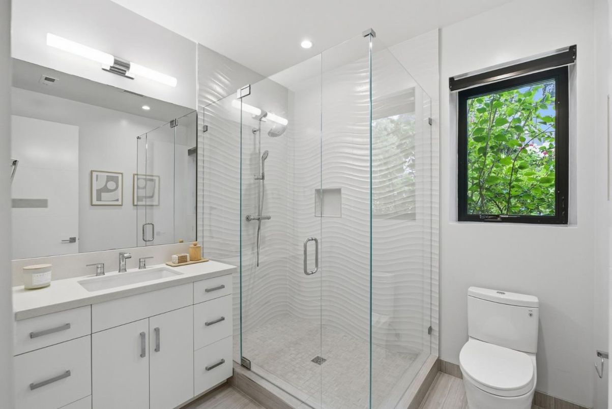 Bathroom, Glass Shower, Interior, Recessed Lighting, Wood Texture Flooring