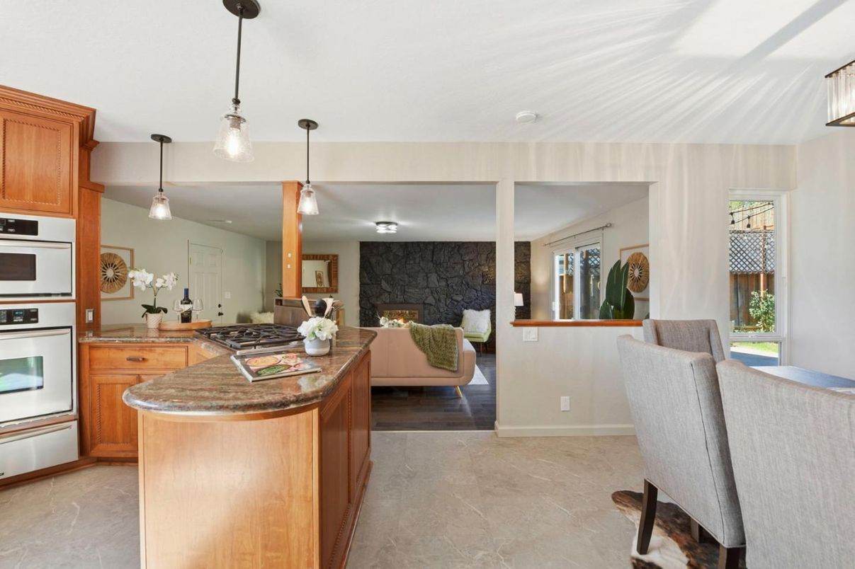 Fireplace, Interior, Kitchen, Living room, Pendant Lights, Stainless Steel Appliances