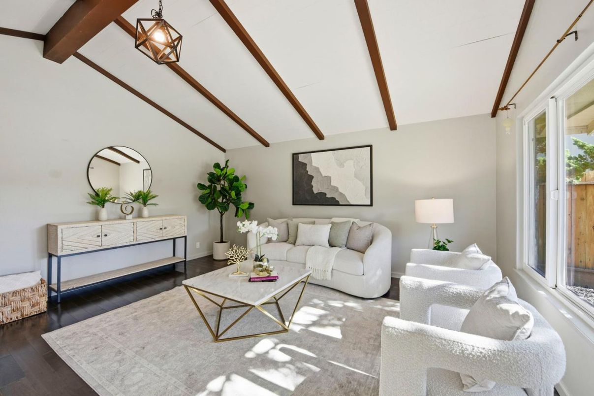 Interior, Living room, Pendant Lights, Wooden Beams, Wood Texture Flooring