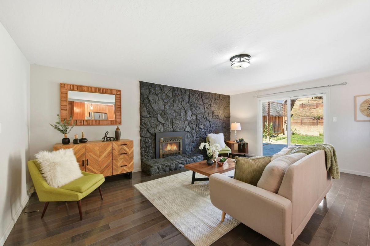 Fireplace, Interior, Living room, Stone Walls, Wood Texture Flooring