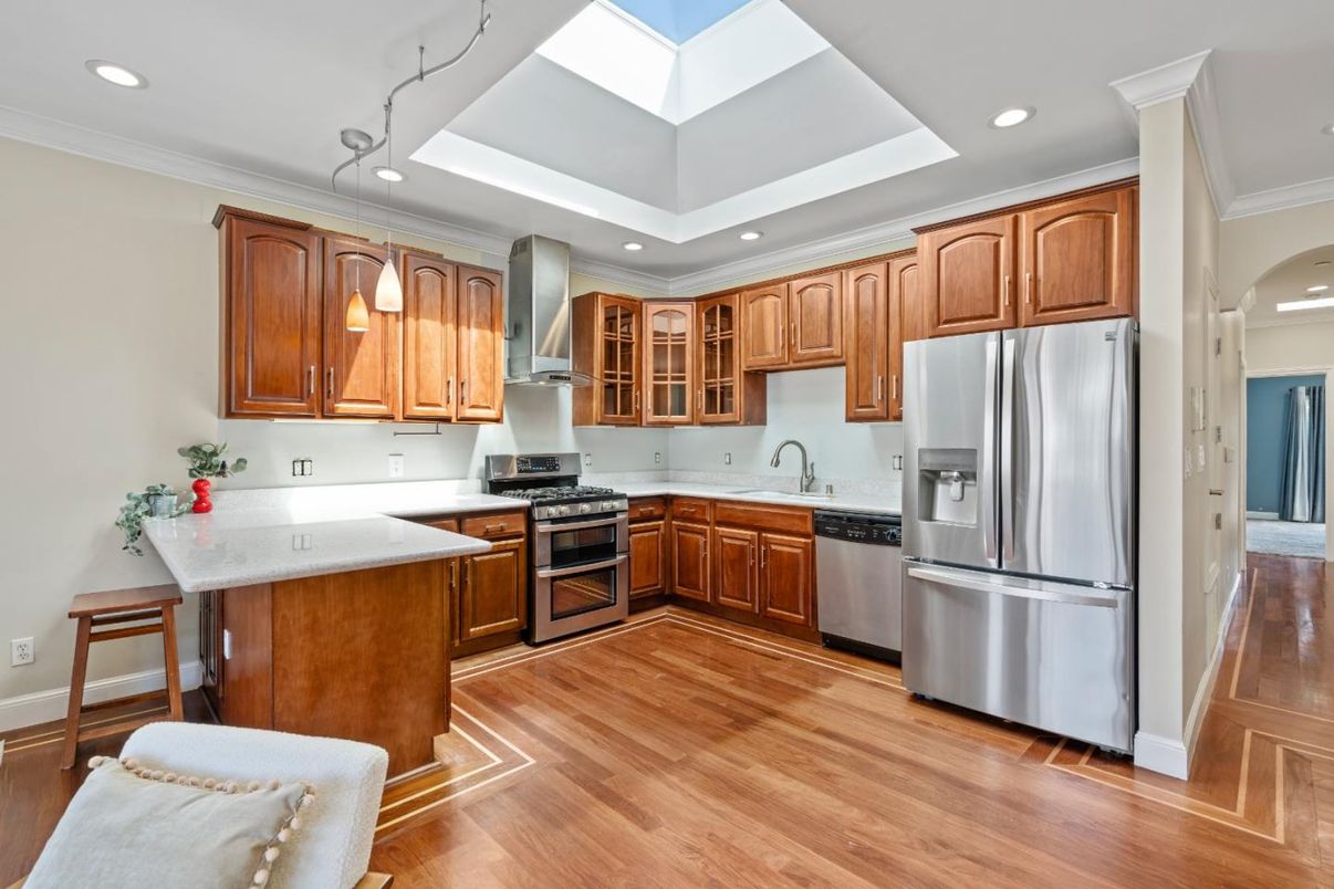 Interior, Kitchen, Pendant Lights, Recessed Lighting, Stainless Steel Appliances, Wood Texture Flooring