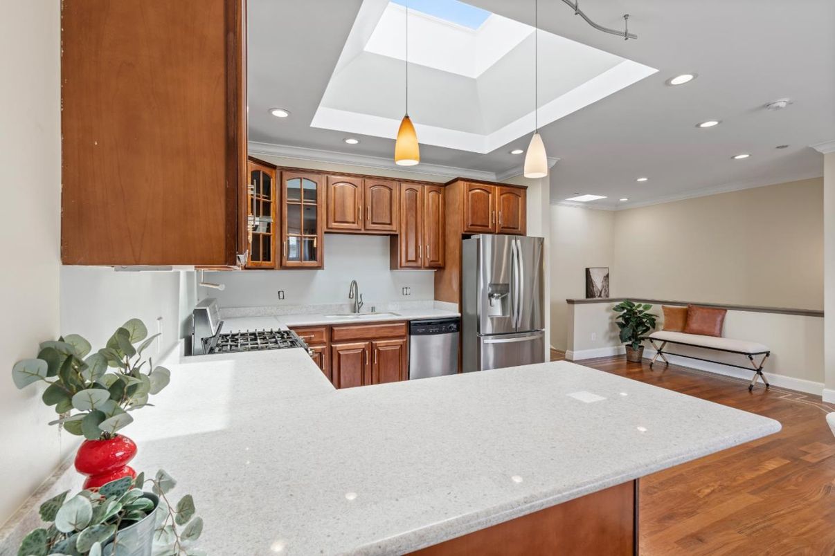 Interior, Kitchen, Pendant Lights, Recessed Lighting, Stainless Steel Appliances, Wood Texture Flooring