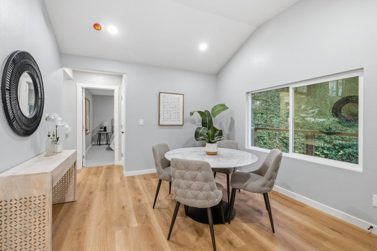 Dining room, Interior, Recessed Lighting, Wood Texture Flooring