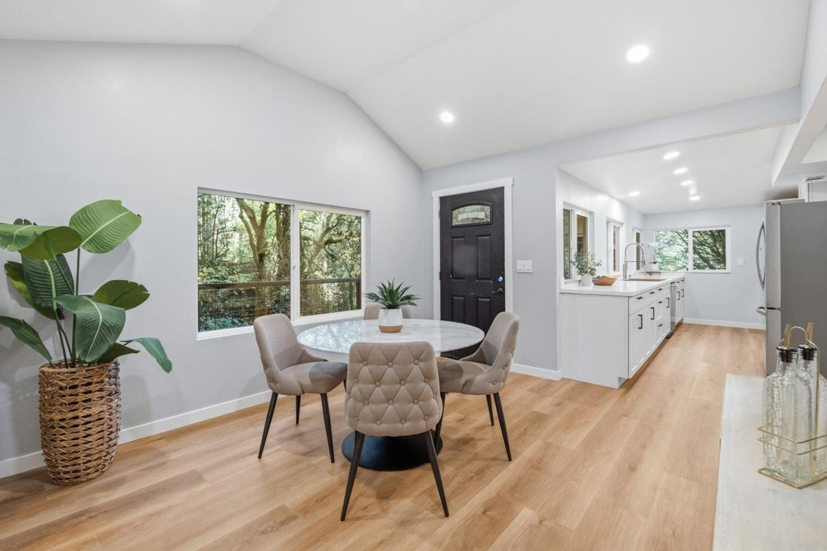 Dining room, Interior, Kitchen, Recessed Lighting, Wood Texture Flooring
