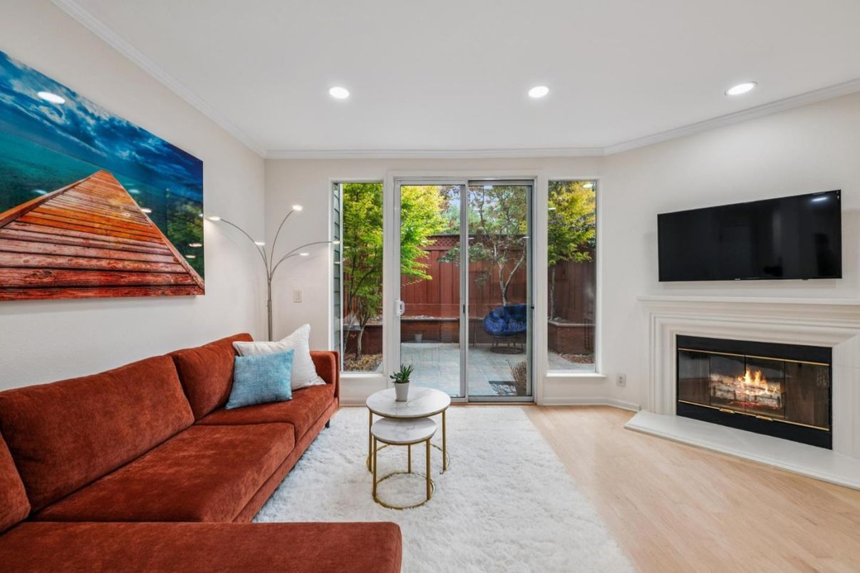 Fireplace, Interior, Living room, Recessed Lighting, Wood Texture Flooring