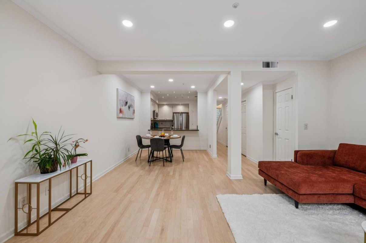 Dining room, Interior, Recessed Lighting, Wood Texture Flooring