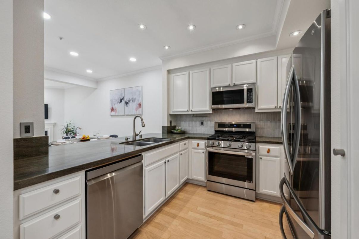 Interior, Kitchen, Recessed Lighting, Stainless Steel Appliances, Wood Texture Flooring