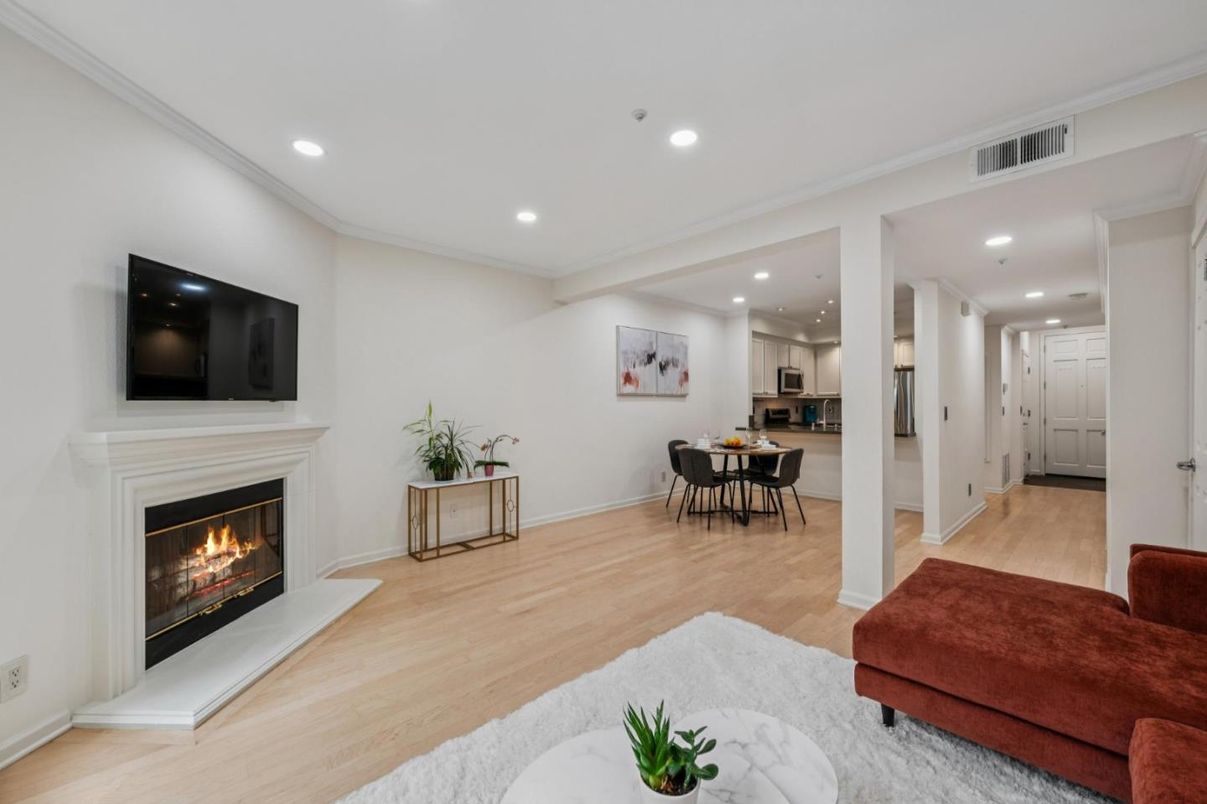Dining room, Fireplace, Interior, Kitchen, Recessed Lighting, Wood Texture Flooring