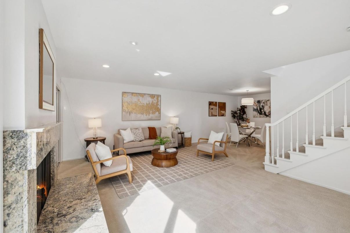 Dining room, Fireplace, Interior, Living room, Recessed Lighting