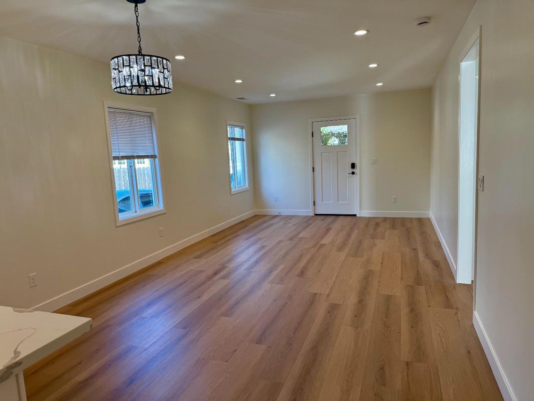 Empty room, Interior, Pendant Lights, Recessed Lighting, Wood Texture Flooring