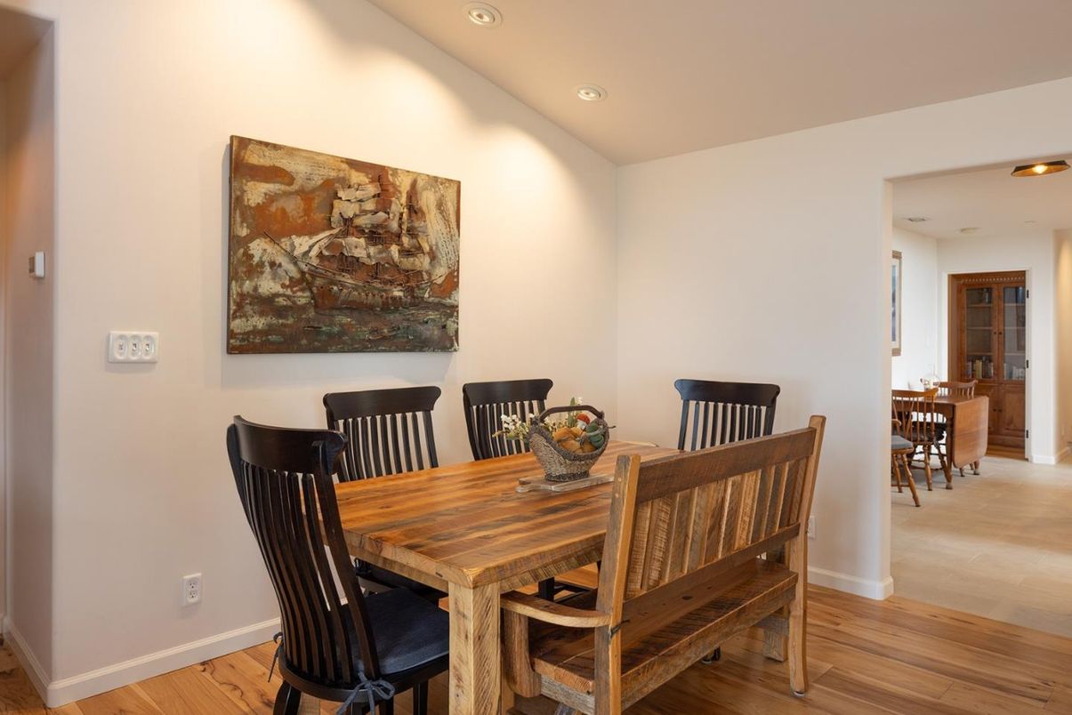 Dining room, Interior, Recessed Lighting, Wood Texture Flooring