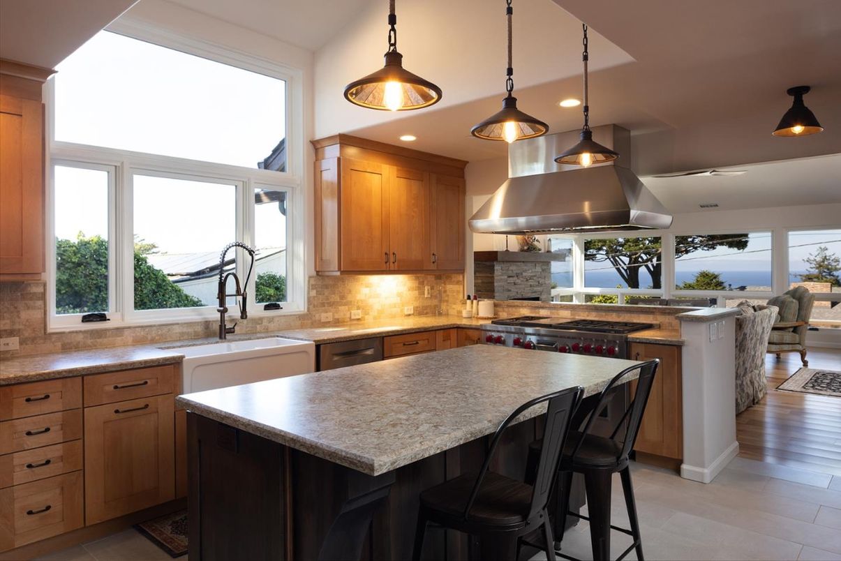 Interior, Kitchen, Pendant Lights, Recessed Lighting, Stainless Steel Appliances, Water, Wood Texture Flooring