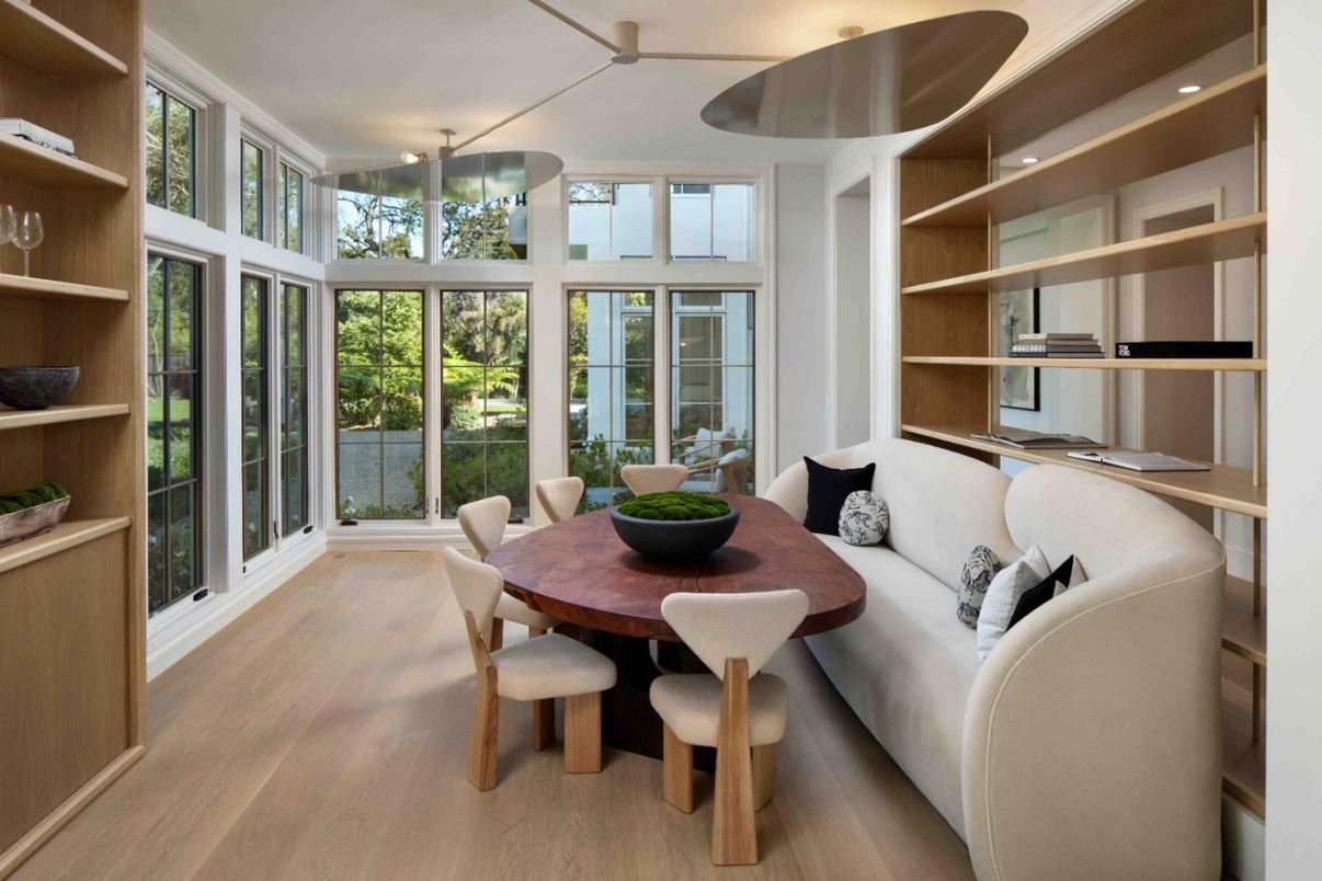 Dining room, Interior, Living room, Recessed Lighting, Wood Texture Flooring