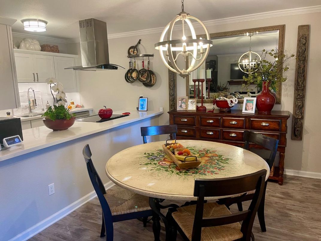 Chandelier, Dining room, Interior, Kitchen, Pendant Lights, Wood Texture Flooring