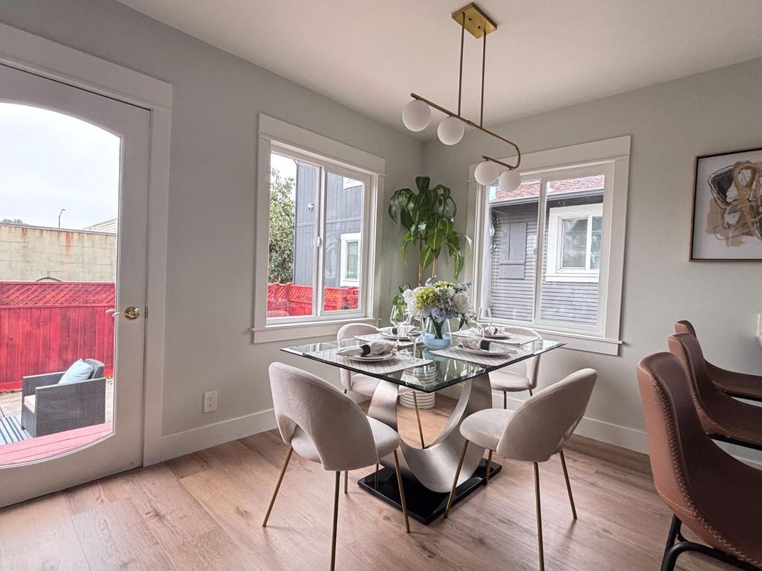 Dining room, Interior, Pendant Lights, Wood Texture Flooring
