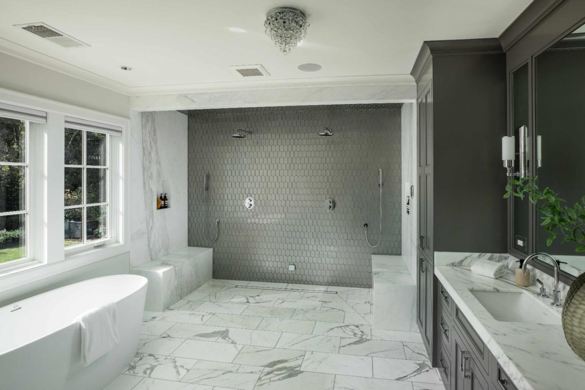 Bathroom, Free Standing Baths, Glass Shower, Interior, Marble, Recessed Lighting