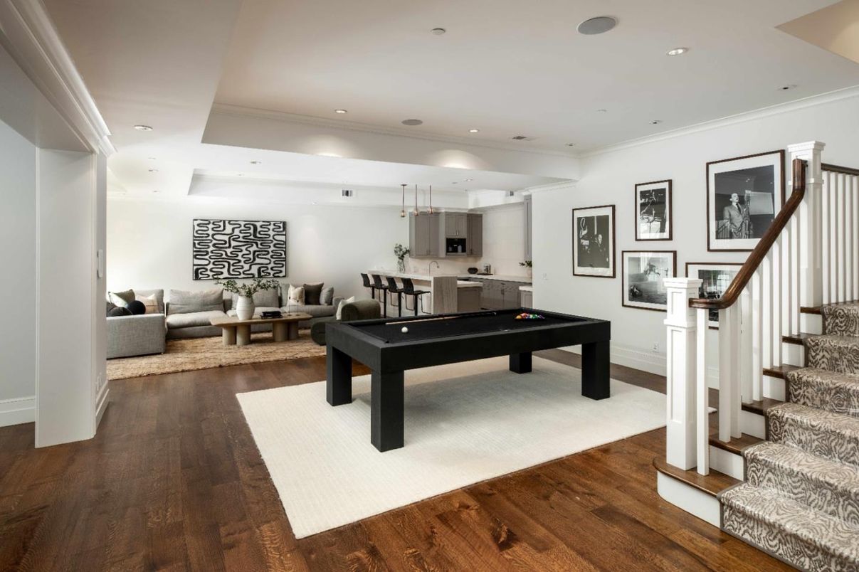 Billiard Table, Dining room, Game Room, Interior, Kitchen, Living room, Pendant Lights, Recessed Lighting, Stainless Steel Appliances, Wood Texture Flooring