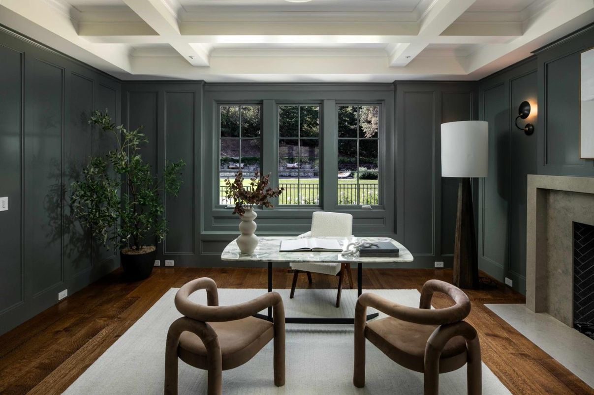 Fireplace, Home Office, Interior, Recessed Lighting, Wood Texture Flooring