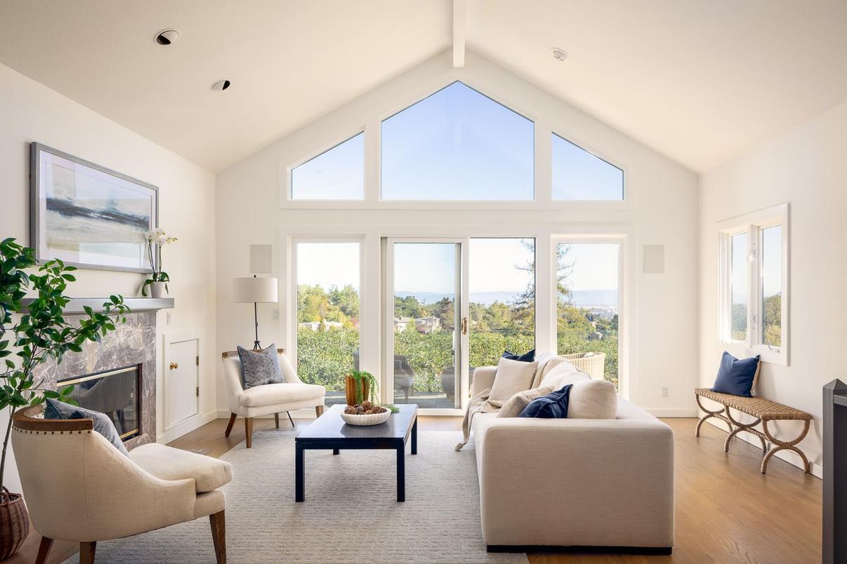 Fireplace, Interior, Living room, Recessed Lighting, Water, Wood Texture Flooring