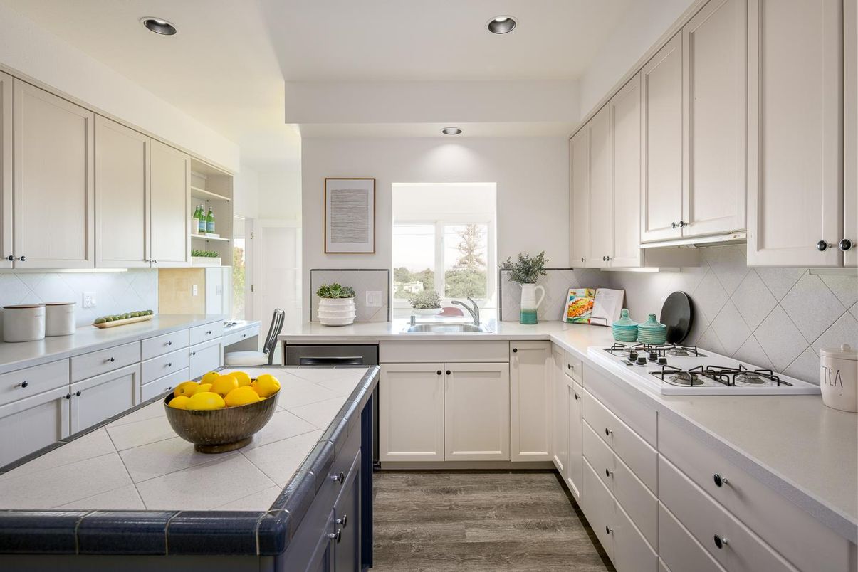 Interior, Kitchen, Recessed Lighting, Tile Countertops, Wood Texture Flooring