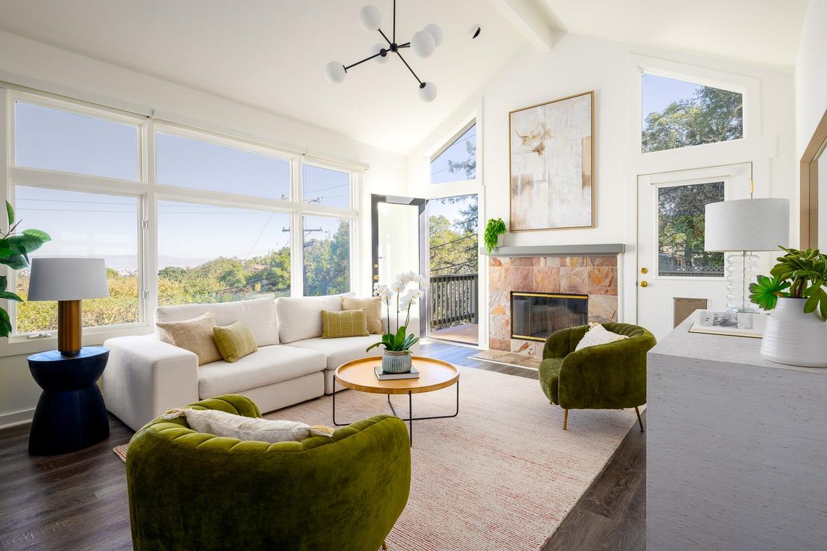 Fireplace, Interior, Living room, Pendant Lights, Wood Texture Flooring