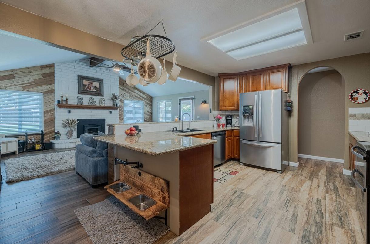 Fireplace, Interior, Kitchen, Stone Walls, Wood Texture Flooring