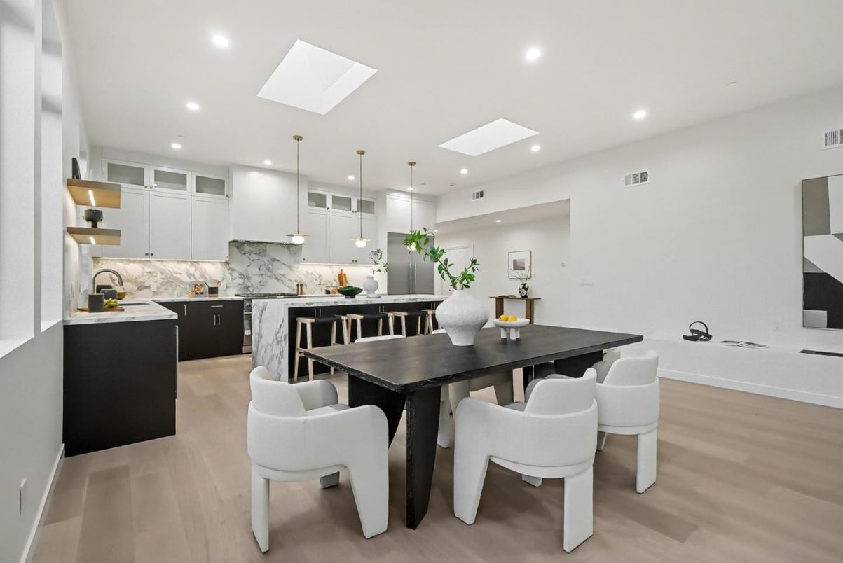 Dining room, Interior, Kitchen, Marble Walls, Pendant Lights, Recessed Lighting, Wood Texture Flooring