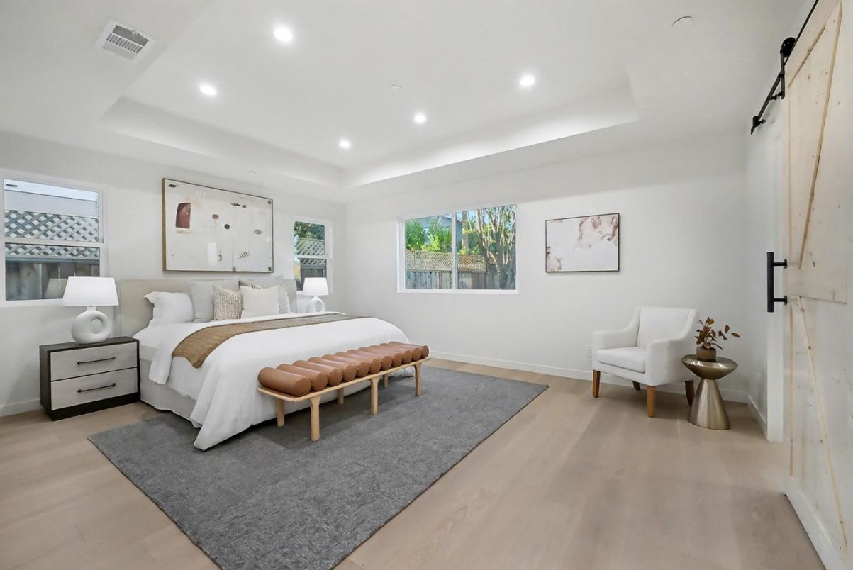 Bedroom, Interior, Recessed Lighting, Wood Texture Flooring