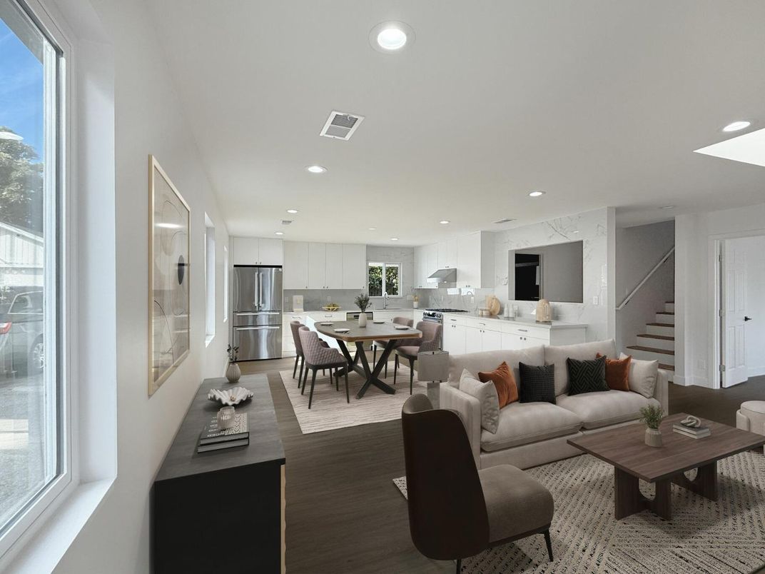 Dining room, Interior, Kitchen, Living room, Recessed Lighting, Stainless Steel Appliances, Wood Texture Flooring