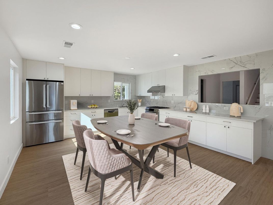 Dining room, Interior, Kitchen, Recessed Lighting, Stainless Steel Appliances, Wood Texture Flooring