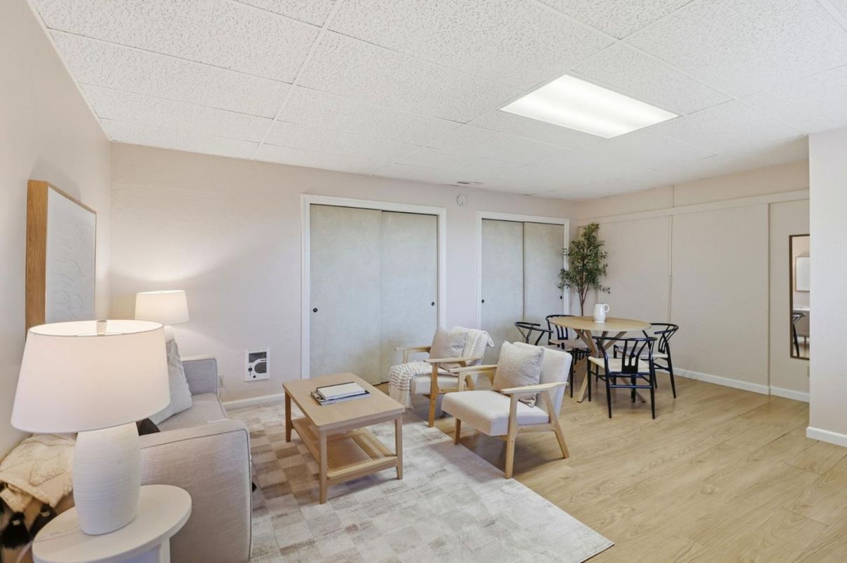 Dining room, Interior, Living room, Recessed Lighting, Wood Texture Flooring