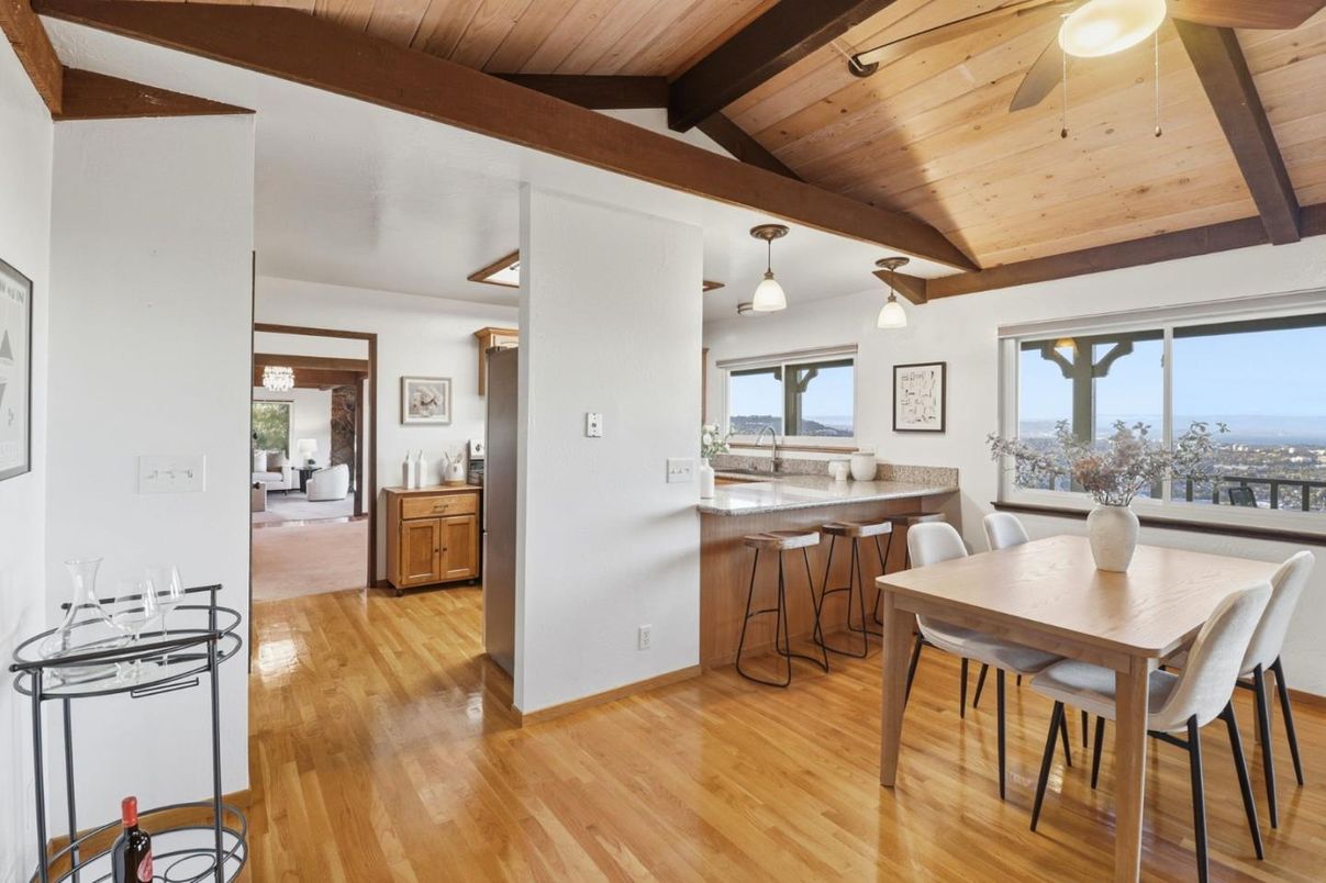 Dining room, Interior, Pendant Lights, Wooden Beams, Wooden Ceilings, Wood Texture Flooring