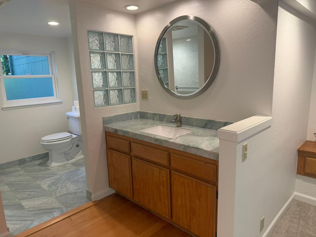 Bathroom, Dual Sink Vanities, Interior, Recessed Lighting, Wood Texture Flooring