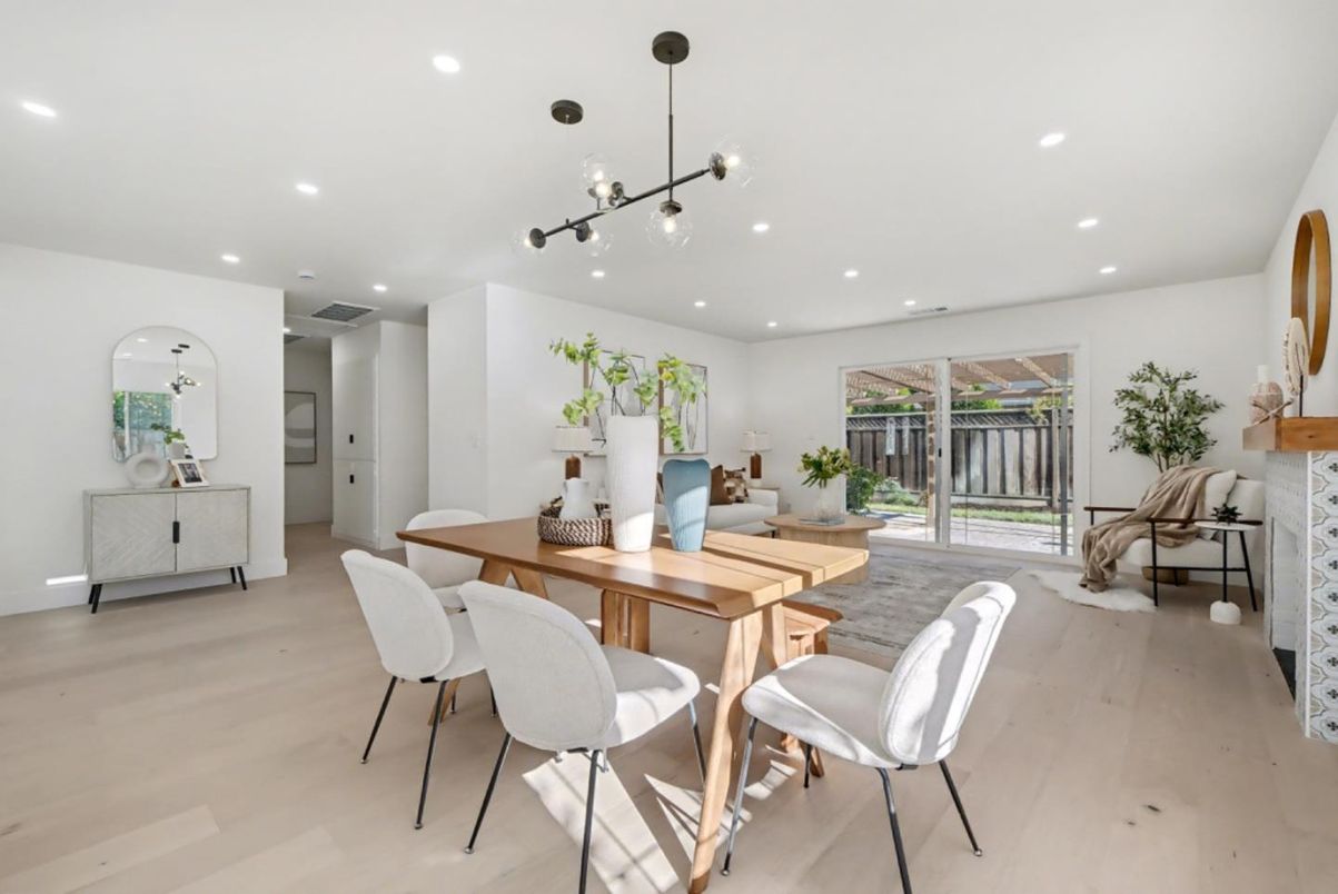 Dining room, Interior, Pendant Lights, Recessed Lighting, Wood Texture Flooring