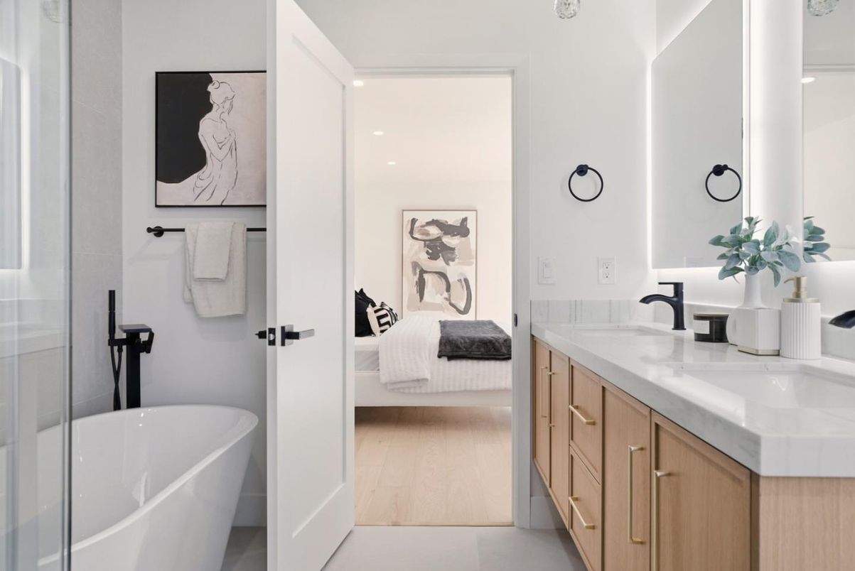 Bathroom, Dual Sink Vanities, Free Standing Baths, Interior, Recessed Lighting, Wood Texture Flooring