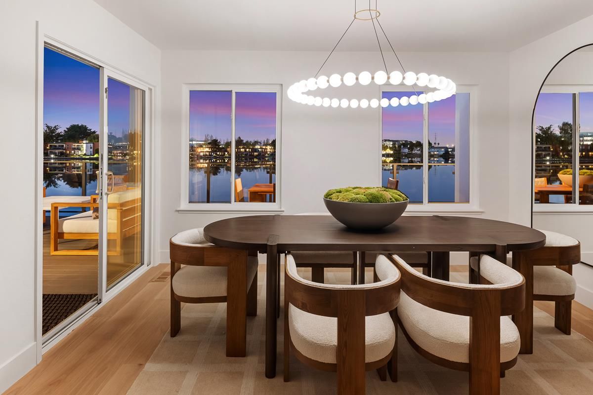 Dining room, Interior, Pendant Lights, Wood Texture Flooring