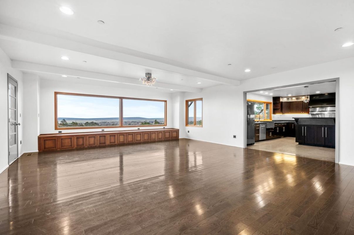 Chandelier, Empty room, Interior, Kitchen, Recessed Lighting, Water, Wood Texture Flooring