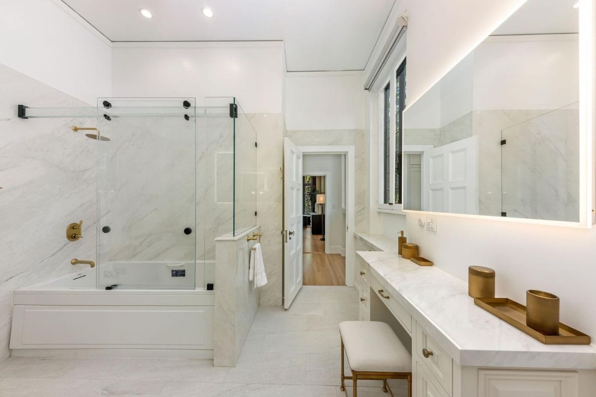 Bathroom, Glass Shower, Interior, Marble Walls, Recessed Lighting