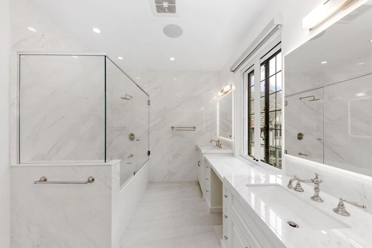Bathroom, Dual Sink Vanities, Glass Shower, Interior, Marble, Marble Walls, Recessed Lighting