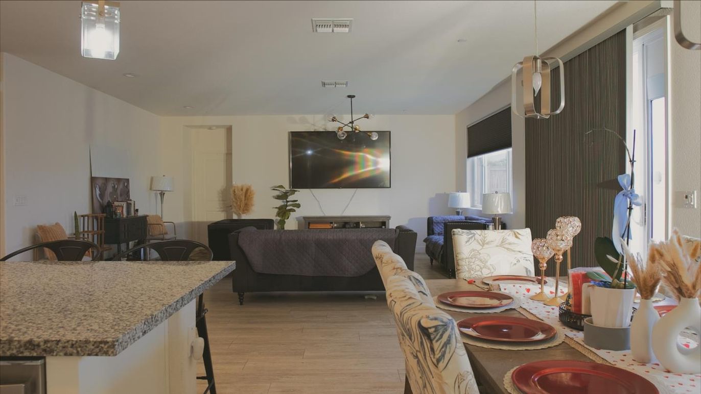 Dining room, Interior, Living room, Pendant Lights, Wood Texture Flooring