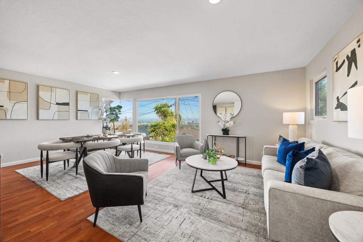 Dining room, Interior, Living room, Recessed Lighting, Wood Texture Flooring