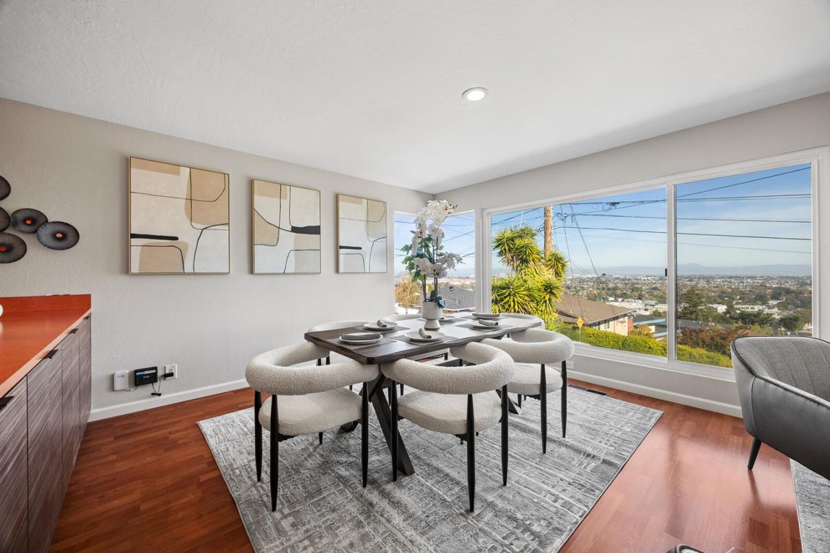 Dining room, Interior, Recessed Lighting, Wood Texture Flooring