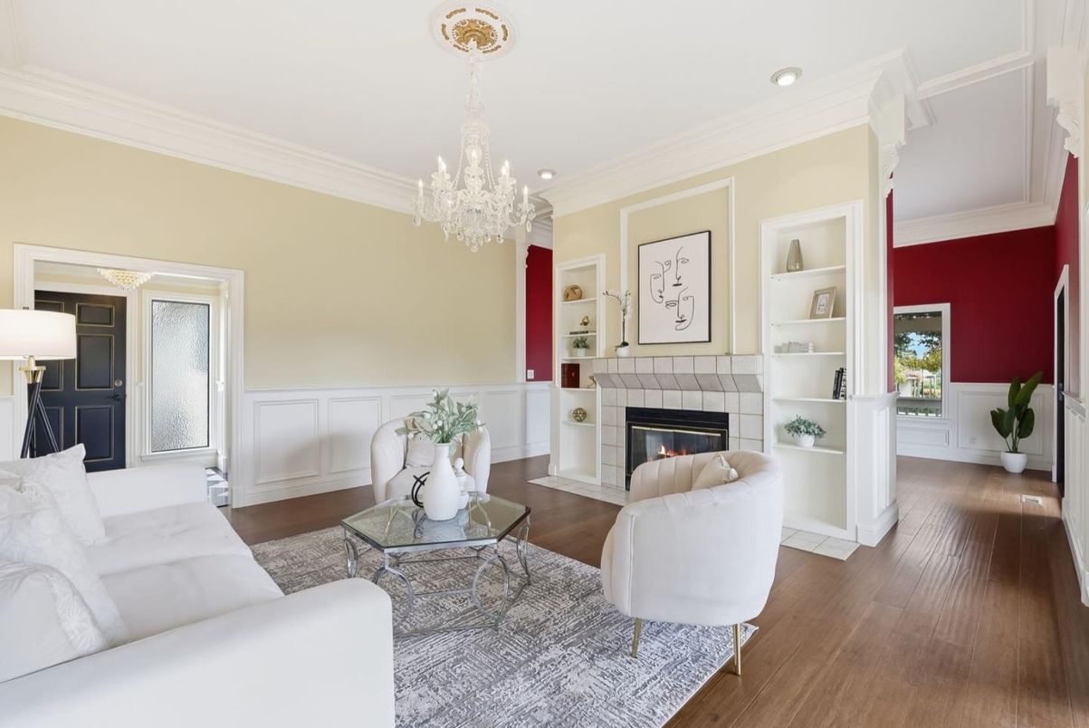 Chandelier, Fireplace, Interior, Living room, Recessed Lighting, Wood Texture Flooring