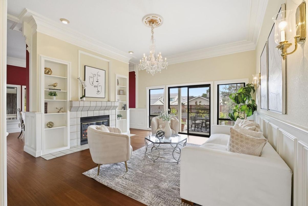 Chandelier, Fireplace, Interior, Living room, Recessed Lighting, Wood Texture Flooring