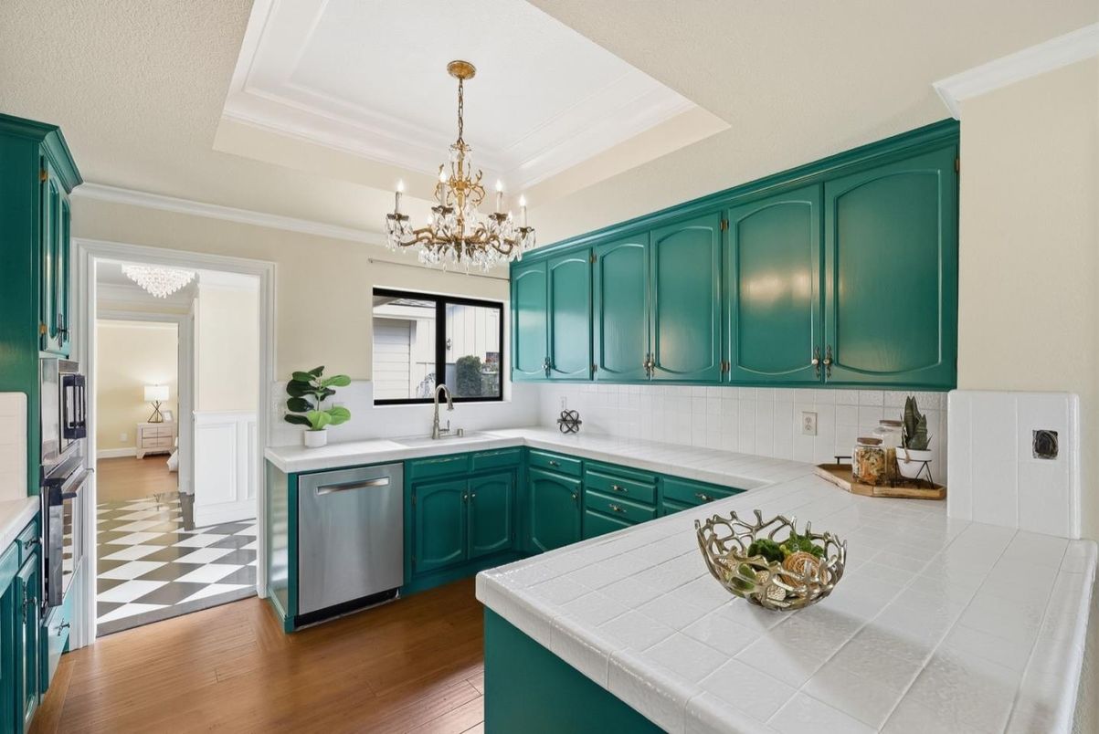 Chandelier, Interior, Kitchen, Tile Countertops, Wood Texture Flooring