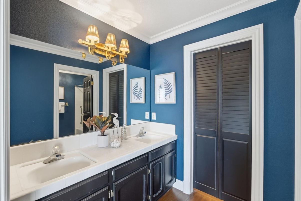 Bathroom, Dual Sink Vanities, Interior, Tile Countertops, Wood Texture Flooring