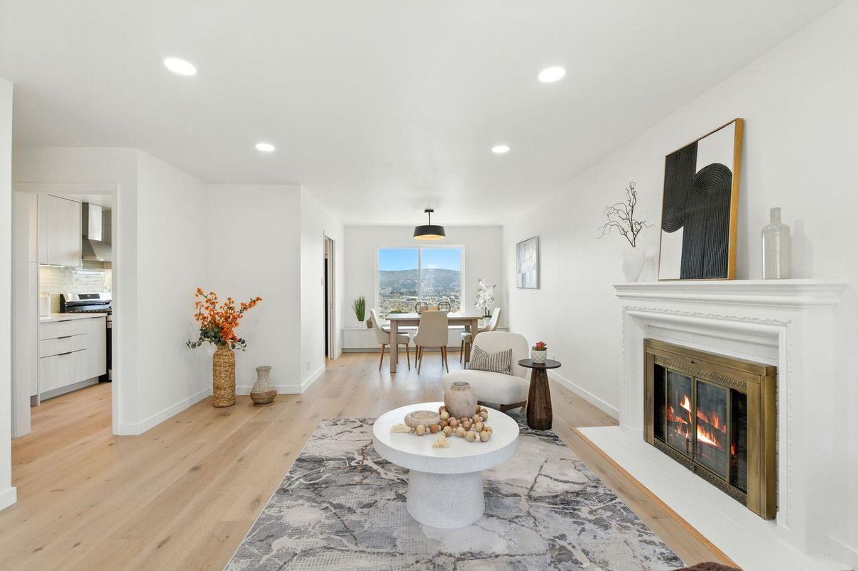 Dining room, Fireplace, Interior, Kitchen, Recessed Lighting, Wood Texture Flooring