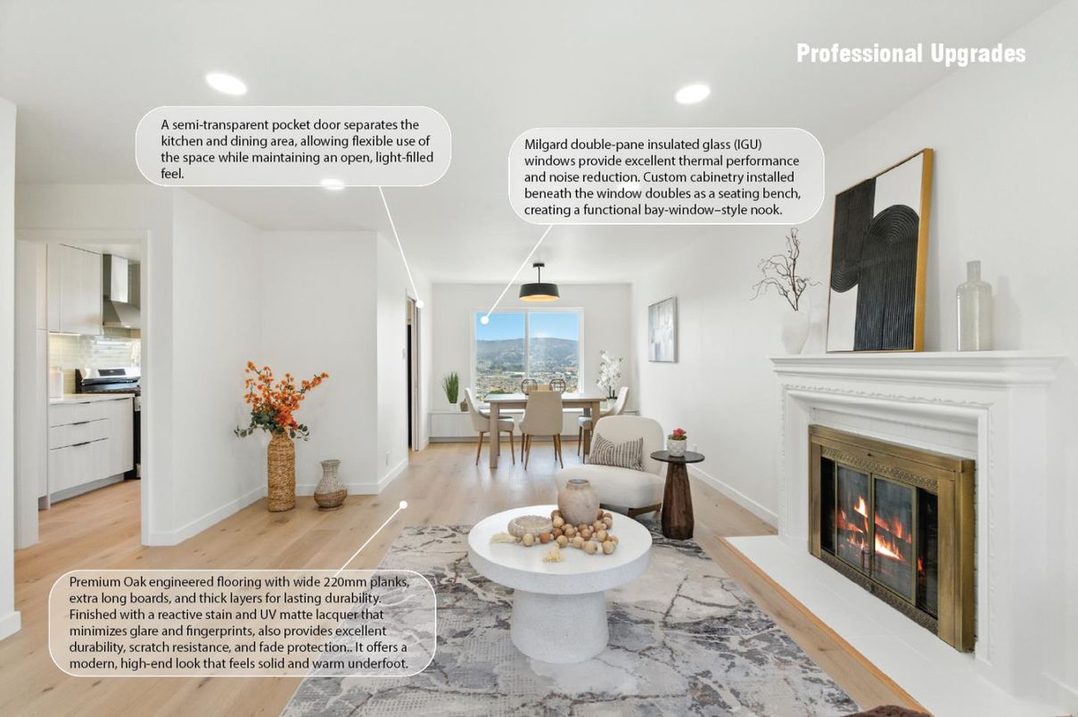 Dining room, Fireplace, Interior, Living room, Recessed Lighting, Wood Texture Flooring