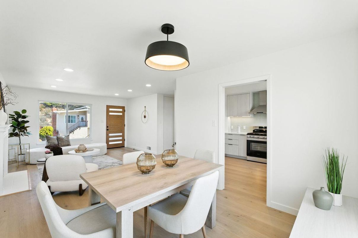 Dining room, Interior, Kitchen, Living room, Recessed Lighting, Stainless Steel Appliances, Wood Texture Flooring