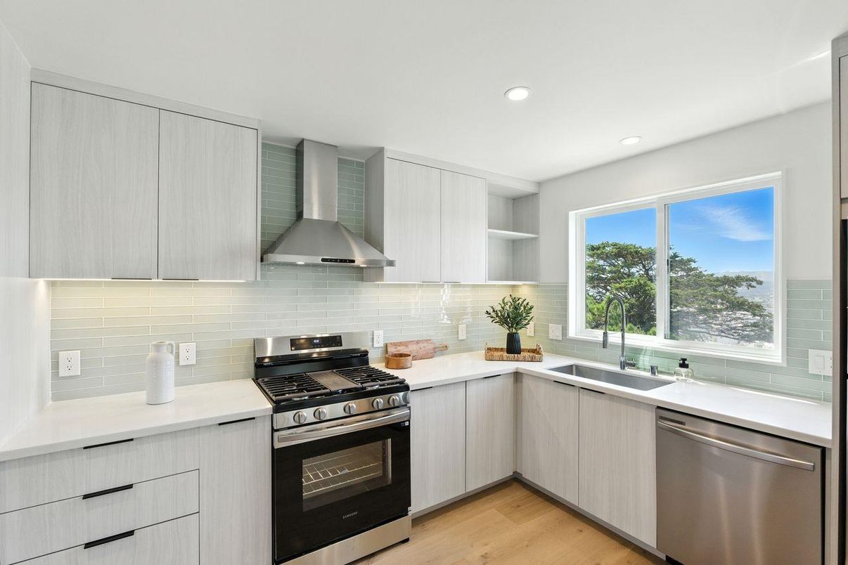 Interior, Kitchen, Recessed Lighting, Stainless Steel Appliances, Wood Texture Flooring